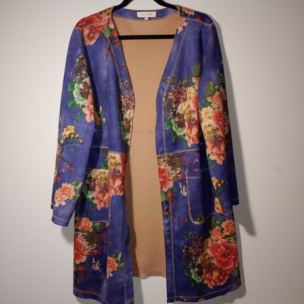 Solitaire by Anthropology Floral Long Open Front Cardigan Size XL Blue